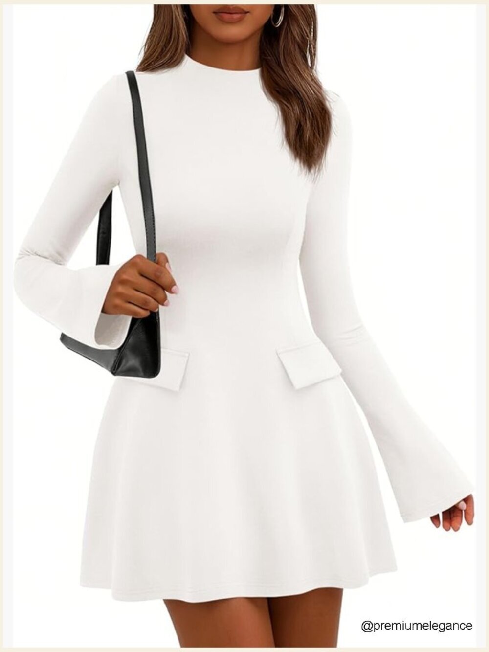 Long Sleeve Mock Neck Bodycon Mini Dress, Bell Sleeves, Work Party Casual